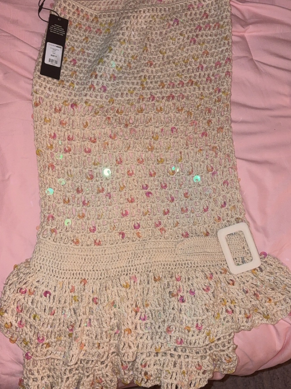 Love Island coverup Cream Crochet Midi Skirt with Multicolor Sequin